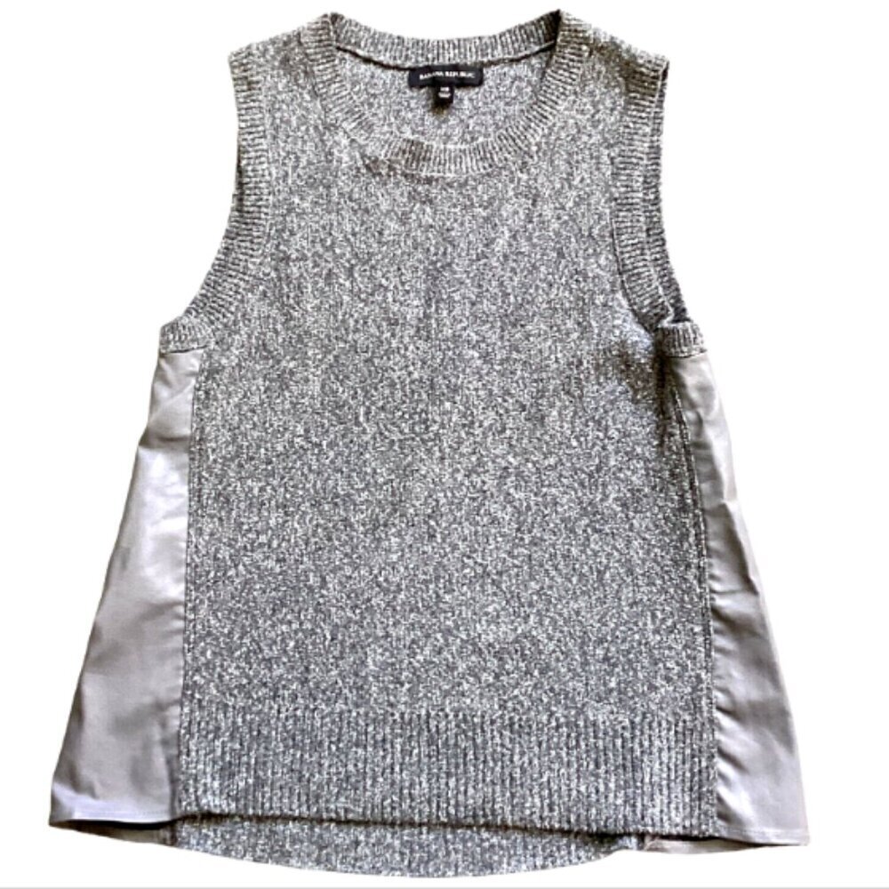 Banana Republic Crew Neck Knit Vest Faux Leather‎ Side Panels XS Gray #126M